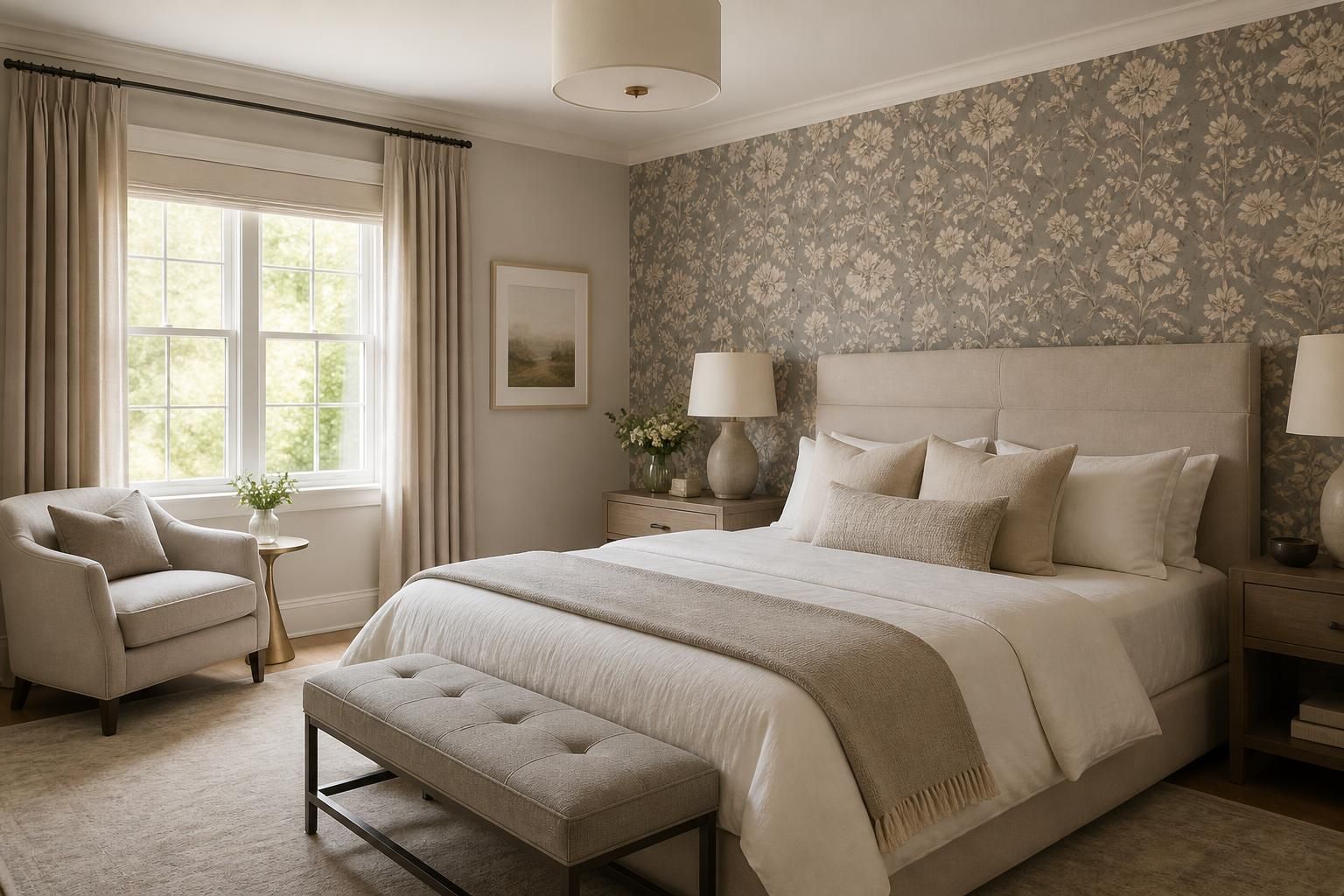 Finished interior with elegant designer wallpaper and soft natural light.